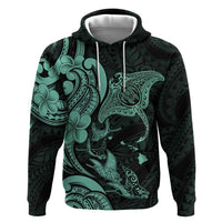 Hawaiian Manta Rays Zip Hoodie Tribal Hibiscus Polynesian Tattoos Turquoise Color - Polynesian Pride