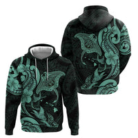 Hawaiian Manta Rays Zip Hoodie Tribal Hibiscus Polynesian Tattoos Turquoise Color - Polynesian Pride