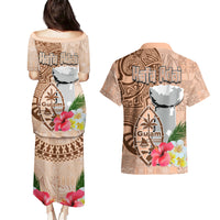 Guam Seal and Latte Stone With Ethnic Tapa Pattern Couples Matching Puletasi and Hawaiian Shirt Peach Fuzz Color LT03 - Polynesian Pride