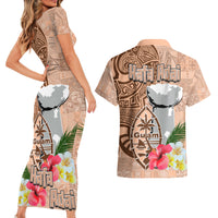 Guam Seal and Latte Stone With Ethnic Tapa Pattern Couples Matching Short Sleeve Bodycon Dress and Hawaiian Shirt Peach Fuzz Color LT03 - Polynesian Pride