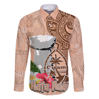 Guam Seal and Latte Stone With Ethnic Tapa Pattern Family Matching Tank Maxi Dress and Hawaiian Shirt Peach Fuzz Color LT03 Dad's Shirt - Long Sleeve Peach Fuzz - Polynesian Pride