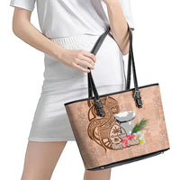 Guam Seal and Latte Stone With Ethnic Tapa Pattern Leather Tote Bag Peach Fuzz Color LT03 - Polynesian Pride