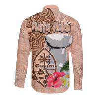 Guam Seal and Latte Stone With Ethnic Tapa Pattern Long Sleeve Button Shirt Peach Fuzz Color LT03 - Polynesian Pride