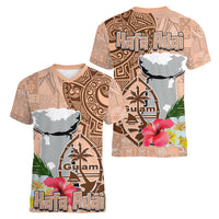 Guam Seal and Latte Stone With Ethnic Tapa Pattern Women V Neck T Shirt Peach Fuzz Color LT03 - Polynesian Pride