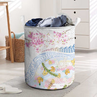 Hawaiian and Japanese Culture Together Laundry Basket Tribal Motifs with Lei and Japanese Sakura Pattern
