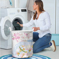 Hawaiian and Japanese Culture Together Laundry Basket Tribal Motifs with Lei and Japanese Sakura Pattern