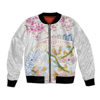 Hawaiian and Japanese Culture Together Bomber Jacket Tribal Motifs with Lei and Japanese Sakura Pattern