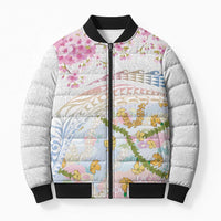 Hawaiian and Japanese Culture Together Bomber Puffer Jacket Tribal Motifs with Lei and Japanese Sakura Pattern