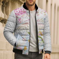 Hawaiian and Japanese Culture Together Bomber Puffer Jacket Tribal Motifs with Lei and Japanese Sakura Pattern