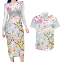 Hawaiian and Japanese Culture Together Couples Matching Long Sleeve Bodycon Dress and Hawaiian Shirt Tribal Motifs with Lei and Japanese Sakura Pattern