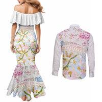 Hawaiian and Japanese Culture Together Couples Matching Mermaid Dress and Long Sleeve Button Shirt Tribal Motifs with Lei and Japanese Sakura Pattern