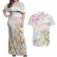 Hawaiian and Japanese Culture Together Couples Matching Off Shoulder Maxi Dress and Hawaiian Shirt Tribal Motifs with Lei and Japanese Sakura Pattern