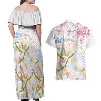 Hawaiian and Japanese Culture Together Couples Matching Off Shoulder Maxi Dress and Hawaiian Shirt Tribal Motifs with Lei and Japanese Sakura Pattern