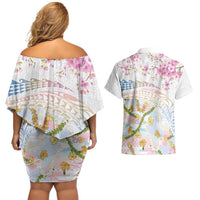 Hawaiian and Japanese Culture Together Couples Matching Off Shoulder Short Dress and Hawaiian Shirt Tribal Motifs with Lei and Japanese Sakura Pattern