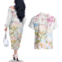 Hawaiian and Japanese Culture Together Couples Matching Off The Shoulder Long Sleeve Dress and Hawaiian Shirt Tribal Motifs with Lei and Japanese Sakura Pattern