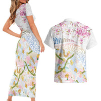 Hawaiian and Japanese Culture Together Couples Matching Short Sleeve Bodycon Dress and Hawaiian Shirt Tribal Motifs with Lei and Japanese Sakura Pattern