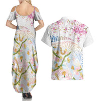Hawaiian and Japanese Culture Together Couples Matching Summer Maxi Dress and Hawaiian Shirt Tribal Motifs with Lei and Japanese Sakura Pattern