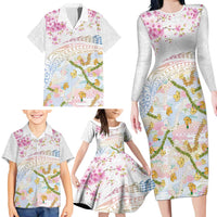 Hawaiian and Japanese Culture Together Family Matching Long Sleeve Bodycon Dress and Hawaiian Shirt Tribal Motifs with Lei and Japanese Sakura Pattern