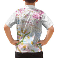 Hawaiian and Japanese Culture Together Family Matching Off Shoulder Maxi Dress and Hawaiian Shirt Tribal Motifs with Lei and Japanese Sakura Pattern