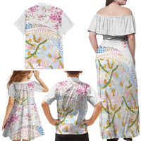 Hawaiian and Japanese Culture Together Family Matching Off Shoulder Maxi Dress and Hawaiian Shirt Tribal Motifs with Lei and Japanese Sakura Pattern