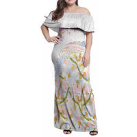 Hawaiian and Japanese Culture Together Family Matching Off Shoulder Maxi Dress and Hawaiian Shirt Tribal Motifs with Lei and Japanese Sakura Pattern