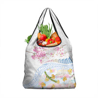 Hawaiian and Japanese Culture Together Grocery Bag Tribal Motifs with Lei and Japanese Sakura Pattern