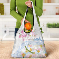 Hawaiian and Japanese Culture Together Grocery Bag Tribal Motifs with Lei and Japanese Sakura Pattern