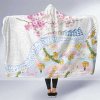 Hawaiian and Japanese Culture Together Hooded Blanket Tribal Motifs with Lei and Japanese Sakura Pattern