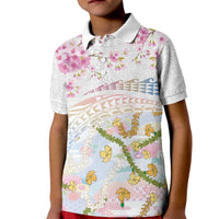 Hawaiian and Japanese Culture Together Kid Polo Shirt Tribal Motifs with Lei and Japanese Sakura Pattern