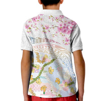 Hawaiian and Japanese Culture Together Kid Polo Shirt Tribal Motifs with Lei and Japanese Sakura Pattern