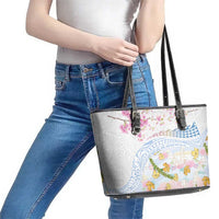 Hawaiian and Japanese Culture Together Leather Tote Bag Tribal Motifs with Lei and Japanese Sakura Pattern