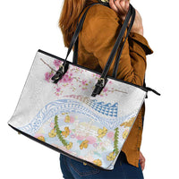 Hawaiian and Japanese Culture Together Leather Tote Bag Tribal Motifs with Lei and Japanese Sakura Pattern