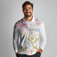 Hawaiian and Japanese Culture Together Long Sleeve Polo Shirt Tribal Motifs with Lei and Japanese Sakura Pattern