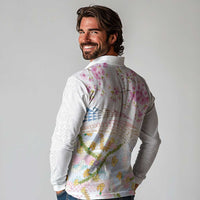 Hawaiian and Japanese Culture Together Long Sleeve Polo Shirt Tribal Motifs with Lei and Japanese Sakura Pattern