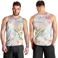 Hawaiian and Japanese Culture Together Men Tank Top Tribal Motifs with Lei and Japanese Sakura Pattern