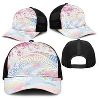 Hawaiian and Japanese Culture Together Mesh Trucker Cap Tribal Motifs with Lei and Japanese Sakura Pattern