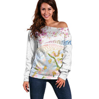 Hawaiian and Japanese Culture Together Off Shoulder Sweater Tribal Motifs with Lei and Japanese Sakura Pattern