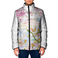 Hawaiian and Japanese Culture Together Padded Jacket Tribal Motifs with Lei and Japanese Sakura Pattern