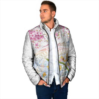 Hawaiian and Japanese Culture Together Padded Jacket Tribal Motifs with Lei and Japanese Sakura Pattern