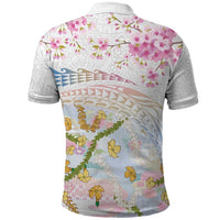 Hawaiian and Japanese Culture Together Polo Shirt Tribal Motifs with Lei and Japanese Sakura Pattern