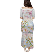 Hawaiian and Japanese Culture Together Puletasi Tribal Motifs with Lei and Japanese Sakura Pattern