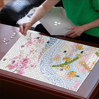 Hawaiian and Japanese Culture Together Puzzle Tribal Motifs with Lei and Japanese Sakura Pattern