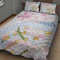 Hawaiian and Japanese Culture Together Quilt Bed Set Tribal Motifs with Lei and Japanese Sakura Pattern
