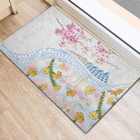 Hawaiian and Japanese Culture Together Rubber Doormat Tribal Motifs with Lei and Japanese Sakura Pattern