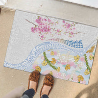 Hawaiian and Japanese Culture Together Rubber Doormat Tribal Motifs with Lei and Japanese Sakura Pattern