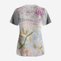 Hawaiian and Japanese Culture Together Scrub Top Tribal Motifs with Lei and Japanese Sakura Pattern