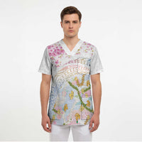 Hawaiian and Japanese Culture Together Scrub Top Tribal Motifs with Lei and Japanese Sakura Pattern