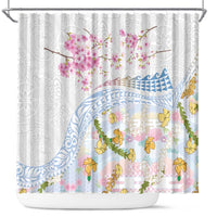 Hawaiian and Japanese Culture Together Shower Curtain Tribal Motifs with Lei and Japanese Sakura Pattern