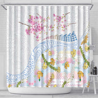 Hawaiian and Japanese Culture Together Shower Curtain Tribal Motifs with Lei and Japanese Sakura Pattern