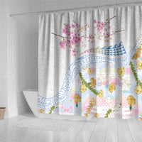 Hawaiian and Japanese Culture Together Shower Curtain Tribal Motifs with Lei and Japanese Sakura Pattern